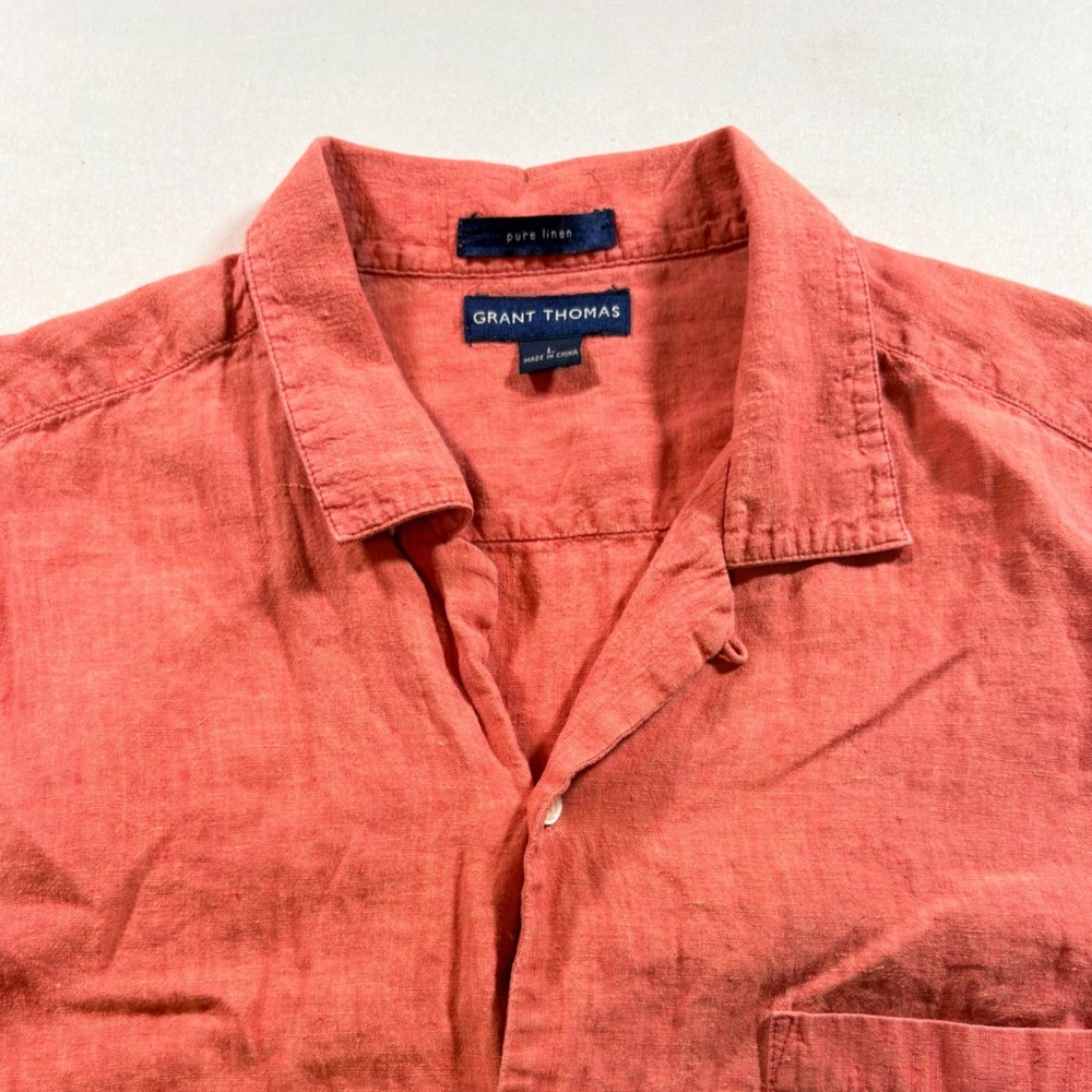 Grant Thomas Mens Large Pure Linen Short Sleeve Button Down Shirt Coral Orange